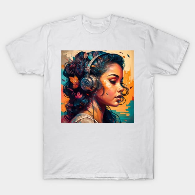 Beautiful Latina Woman Listening to Music T-Shirt by Unboxed Mind of J.A.Y LLC 